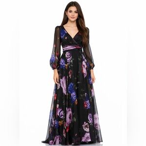 Mac Duggal Floral Print Gown Black Pink Blue Long Sleeve Chiffon Gown NWT Size 8